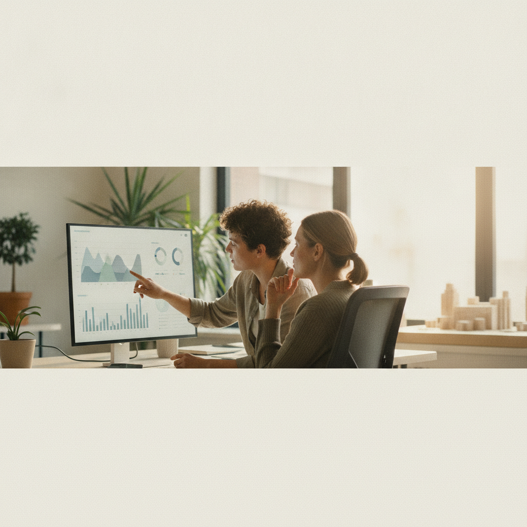 Two colleagues reviewing a report together on a screen, one pointing at a chart, relaxed collaborative posture