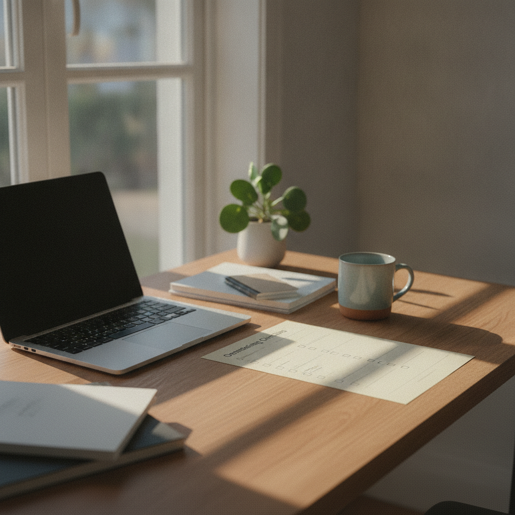 A tidy desk with a laptop, a printed onboarding checklist with several boxes ticked, morning light through a window
