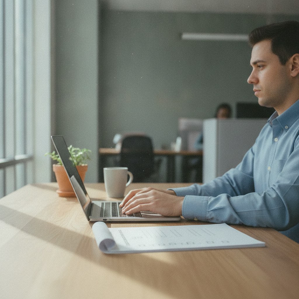 A new employee at a laptop on their first day, a printed checklist next to the keyboard, natural office light