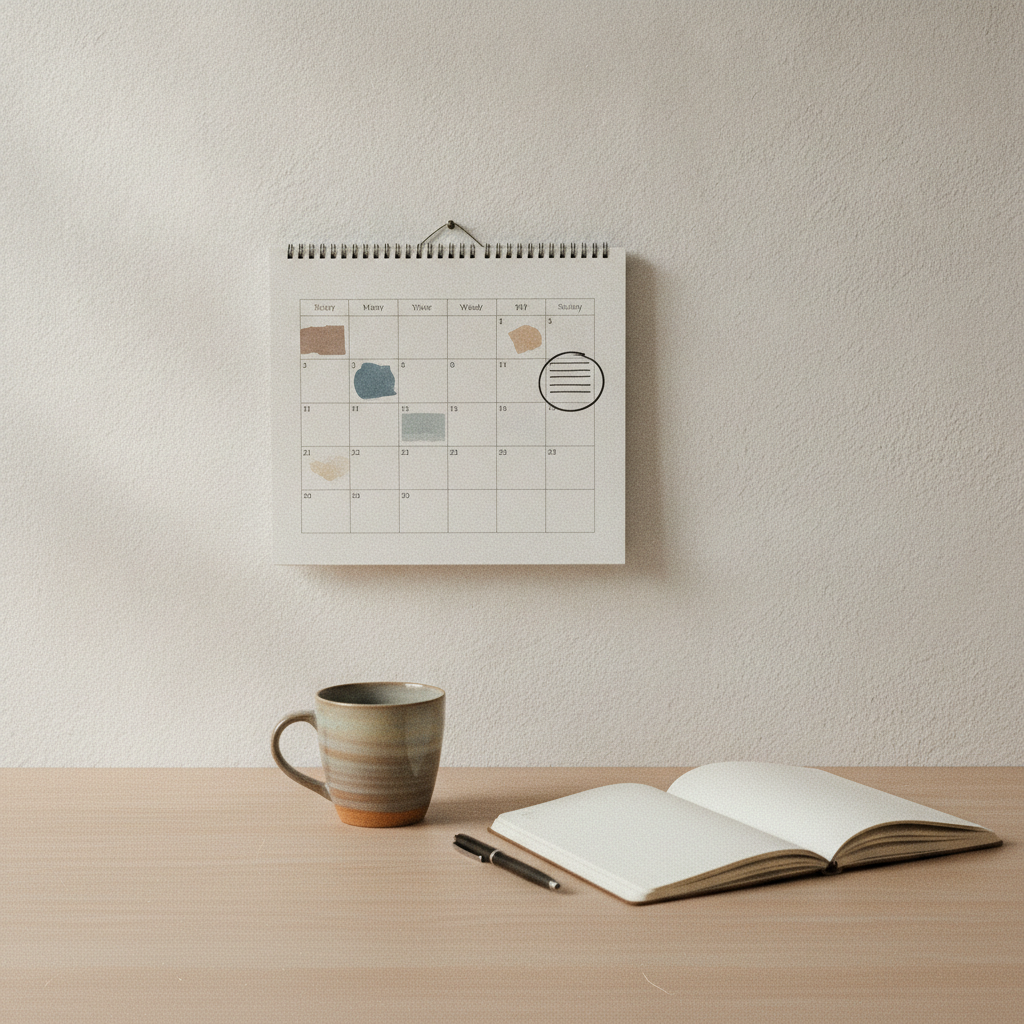 A calendar on a wall with the fourth week circled, a coffee mug and notebook nearby, quiet workspace