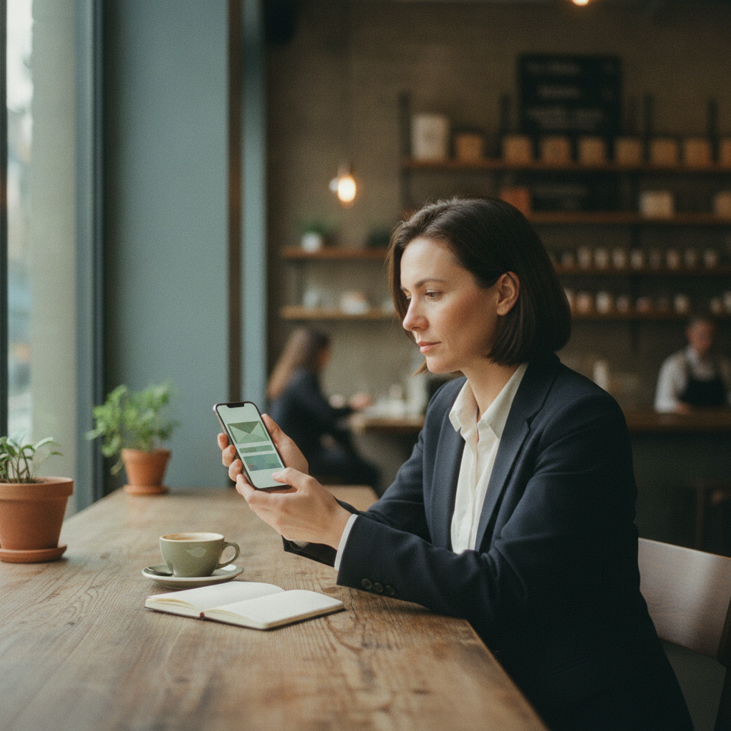 a business owner reading a referral email on their phone while sitting in a coffee shop