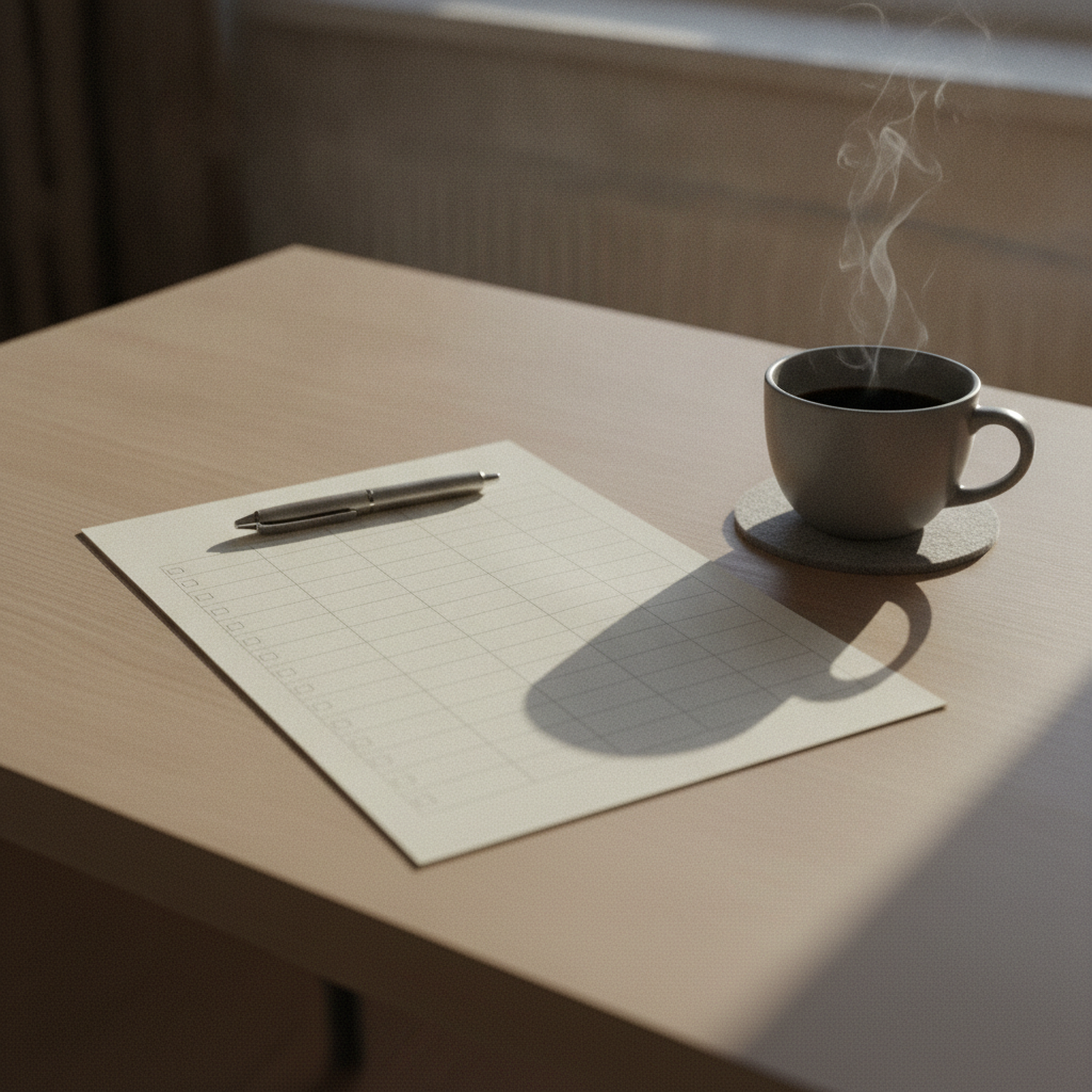 a printed checklist on a desk with a pen resting on top and a coffee cup nearby
