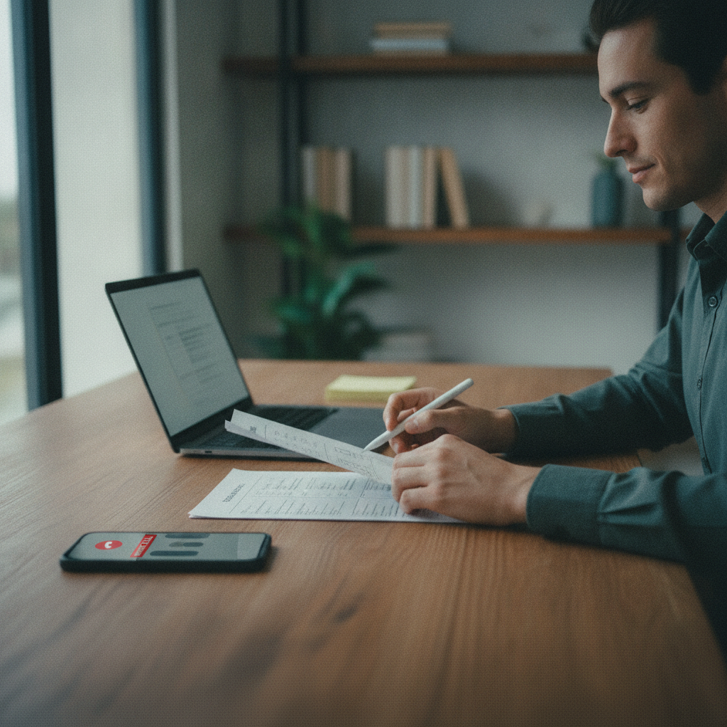 a consultant at a laptop calmly reviewing a checklist while a phone shows a missed call notification