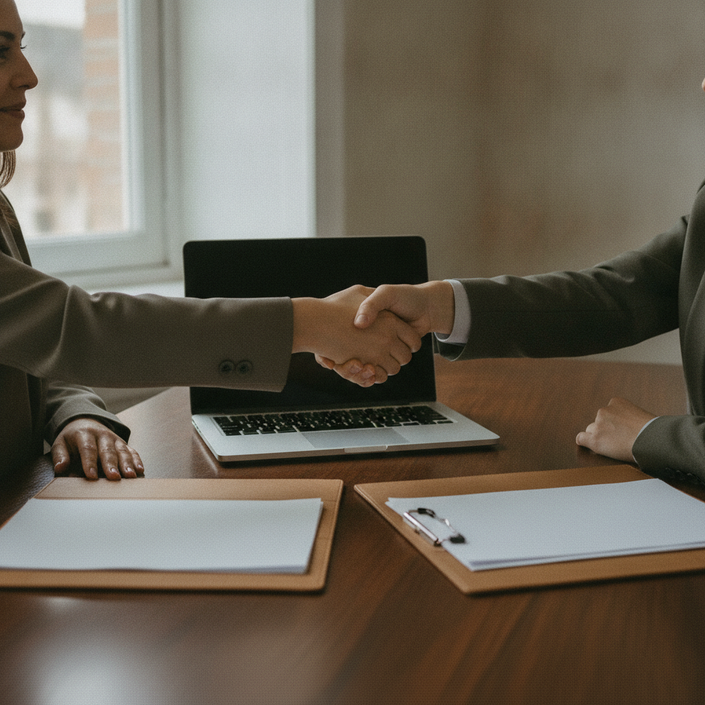two people shaking hands across a desk with a laptop and folder of documents between them