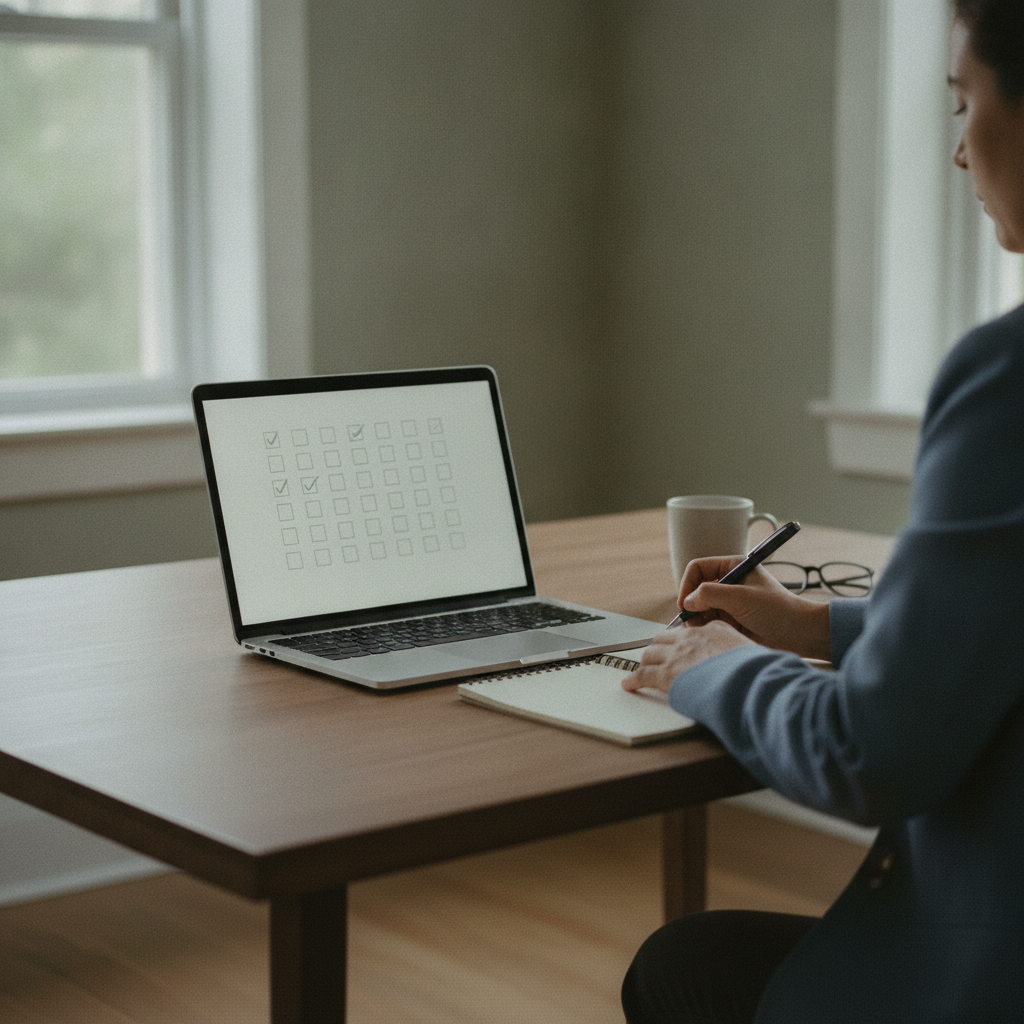 A consultant on a video call, laptop open with a visible checklist document, taking notes on a notepad beside the keyboard