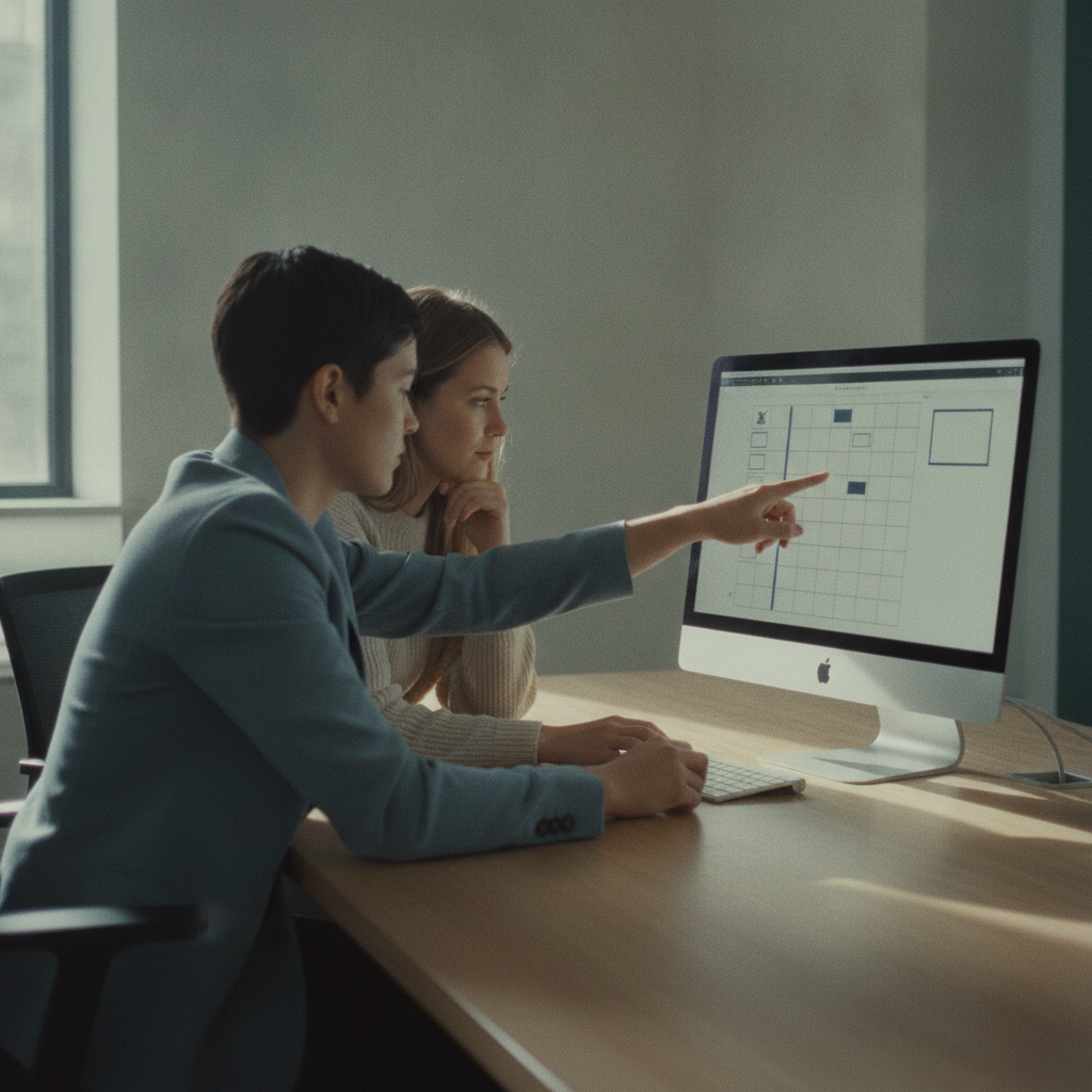 Two colleagues reviewing a shared document on a monitor, one pointing at a section of a checklist