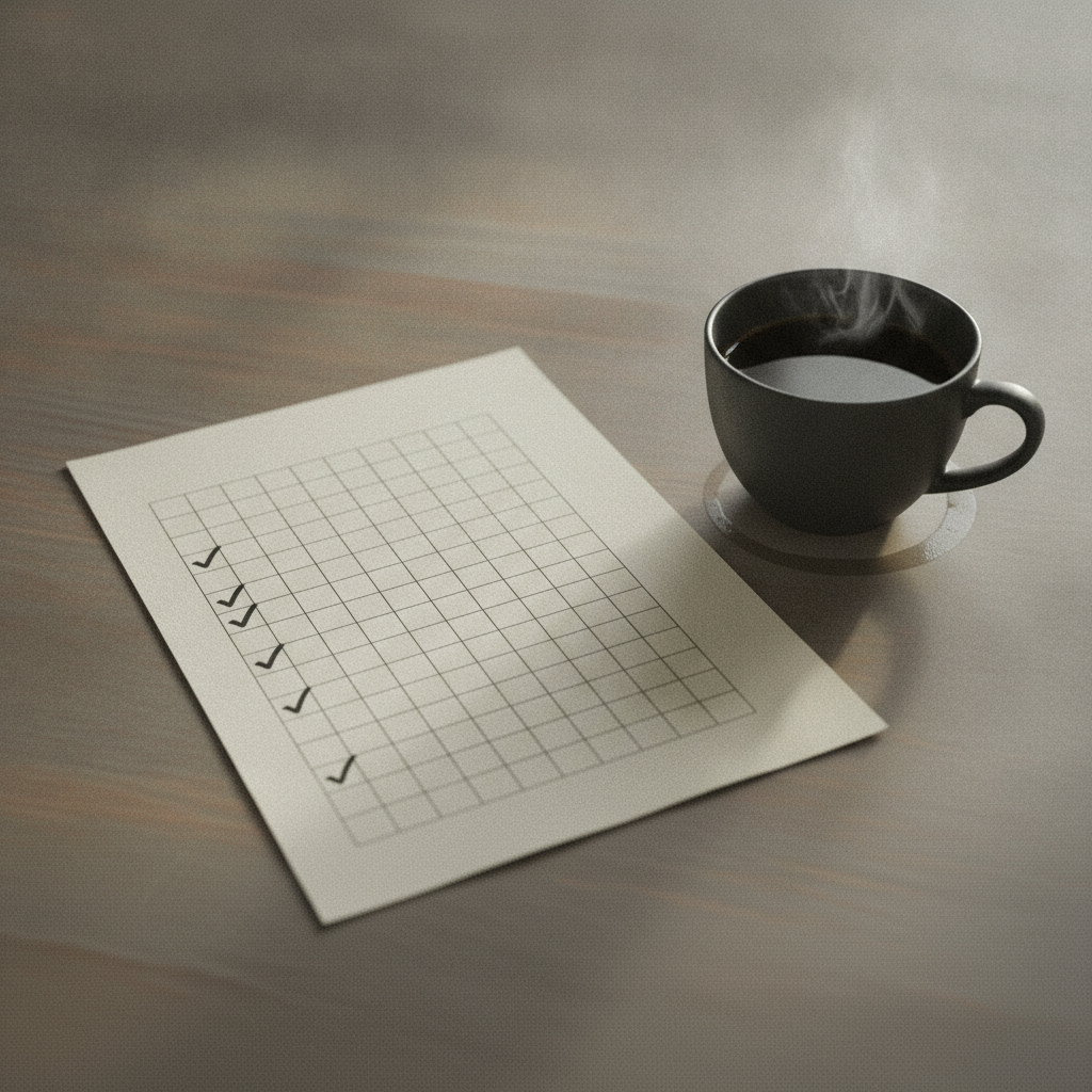 A printed one-page agenda with checkboxes, several already ticked, resting on a desk next to a coffee cup